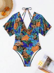 SHEIN Swim Summer Beach Women Short-Sleeved One-Piece Swimsuit With Vacation Plant Print - Multicolor - View 6