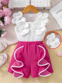 Girls' Sweet Design Set, Spring/Summer, 3D Flower Pearl Decor Sleeveless Top + Contrast Ruffle Hem Shorts, 2pcs Set, Casual, Party 7th Birthday - Hot Pink - View 3
