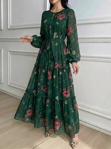 Modelyn 女士优雅印花雪纺系腰连衣裙，适合春夏穿着 - 綠色 - 查看 4