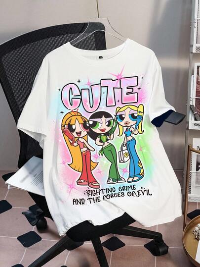 THE POWERPUFF GIRLS X SHEIN Plus Size Casual Cute Letter & Cartoon Graphic Round Neck Short Sleeve T-Shirt, Summer