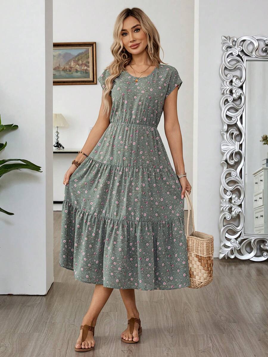 Vestido casual de mujer con estampado floral ditsy para vacaciones - Verde - Ver 1