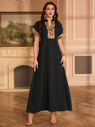 Al Najma Đầm thanh lịch cổ tàu thêu hoa tay raglan