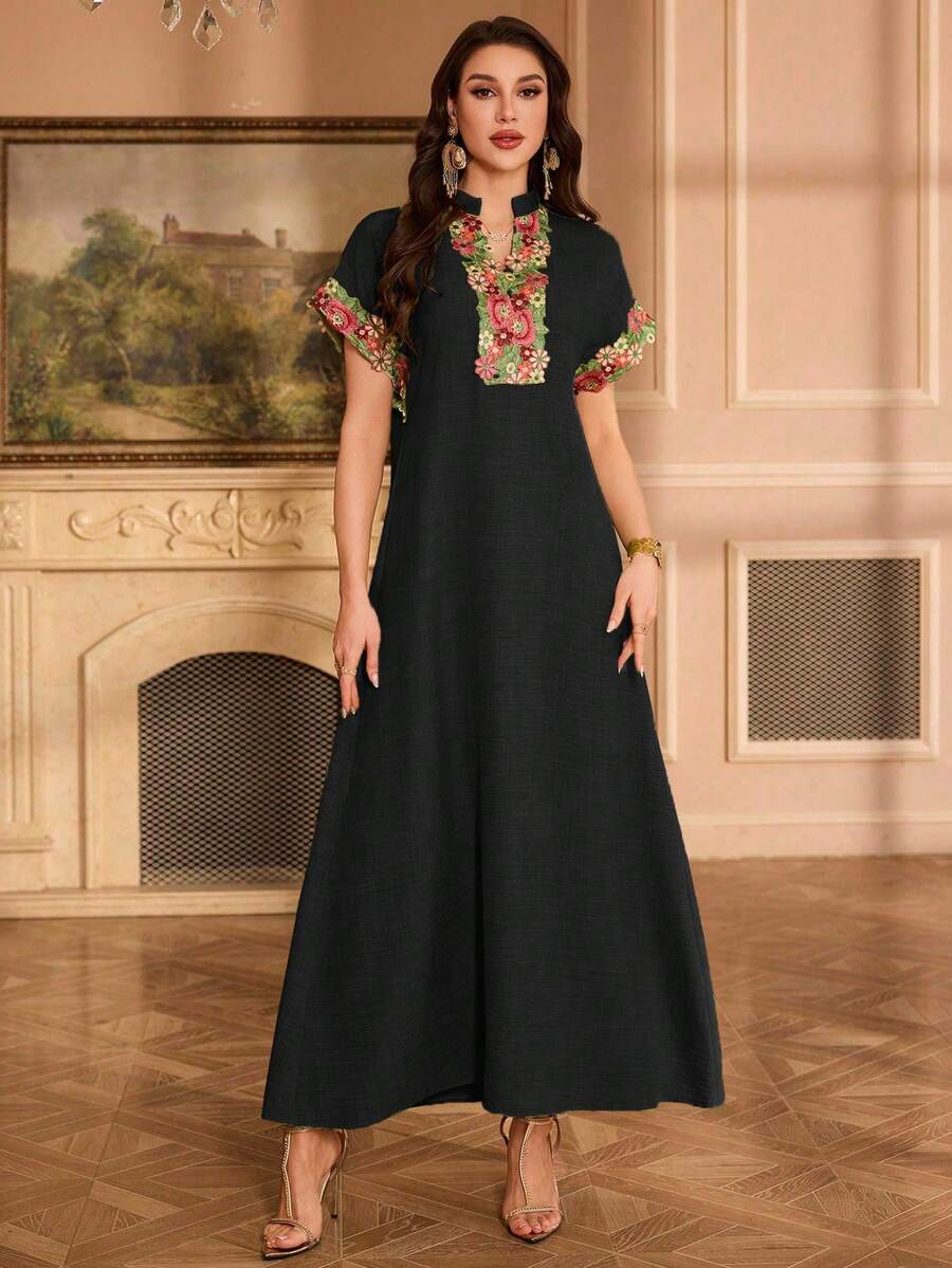 Al Najma Đầm thanh lịch cổ tàu thêu hoa tay raglan - màu đen - Xem 1