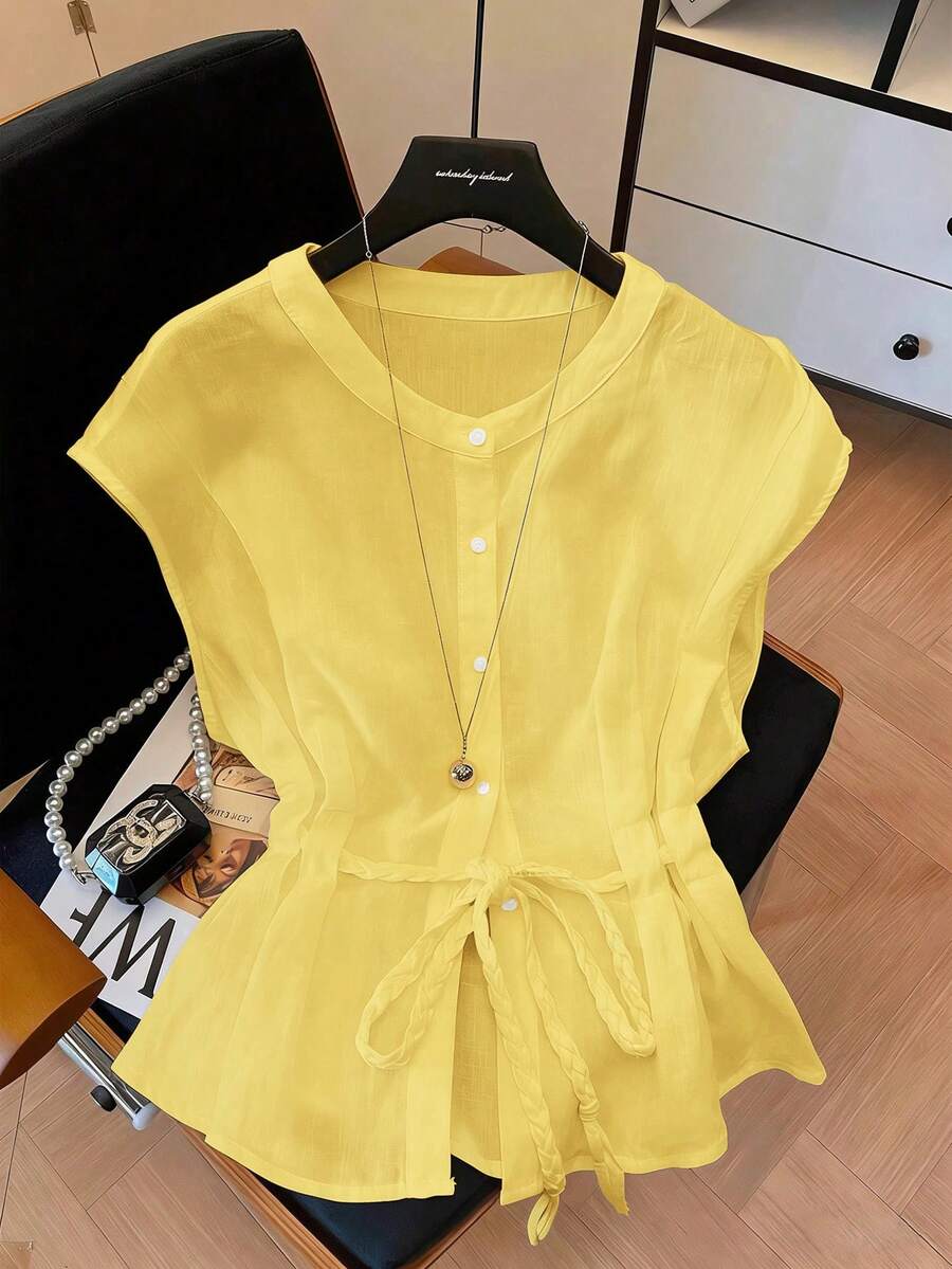 Qadelle Women's Soft Yellow Crew Neck Rope Drawstring Waist Sleeveless Blouse,Summer Casual Brunch Elegant Design For Birthday,Date,Party,Formal Occasions - Yellow - View 1