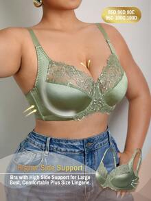 DesireSculpt 1pc Plus Size Solid Color Ultrafine Mesh Lace Soft Embroidered Underwire Bra - Olive Green - View 5