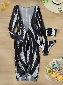 SHEIN Swim 滿版印花比基尼套裝和抹胸上衣和比基尼泳裝和抽繩罩衫洋裝3入組洗澡套裝 - 黑與白 - 查看 3