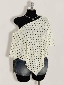 SHEIN ICON Plus Size Women Polka Dot Print Asymmetric Collar Fashionable Top - Apricot - View 7
