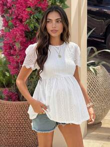Maternity Solid Color Minimalist Daily Wear Round Neck Short Sleeve T-Shirt - White - View 5