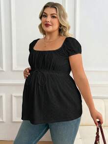 Plussiva 孕妇加大码方领系带镂空短袖上衣 - 黑色 - 查看 5