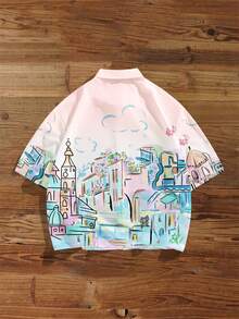 Manfinity Joysei Men's Casual Daily Wear Architecture Print Button-Front Short Sleeve Shirt, Summer - Baby Pink - View 2