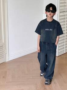 Dazy Kids 男童夏季休闲水洗字母刺绣短袖牛仔T恤和裤子套装 - 藍色 - 查看 7