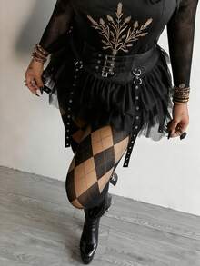 Flirla Quần legging nữ kiểu Punk gợi cảm họa tiết hình thoi kẻ caro, màu đen và đỏ. - Màu vàng - Xem 5