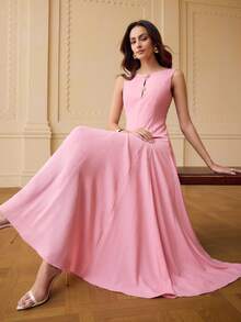 ZEYLAH Women's Solid Color Elegant Waist Cinched Midi Party Dress - Pink - View 6