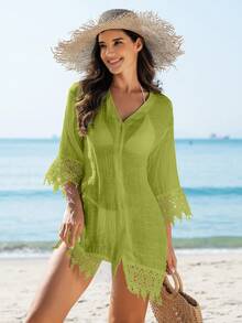 Swim Vcay Kimono Kasual Wanita Warna Polos dengan Leher V dan Patchwork Renda, Transparan, untuk Liburan. - Olive Green - View 5
