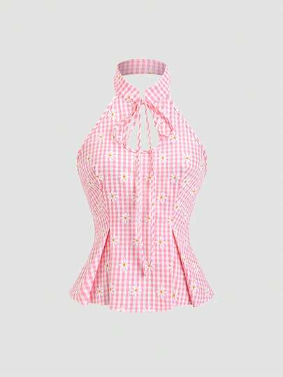 Sweetra New Chinese Style Petite Collar Water Drop Collar Pink Plaid Daisy Print Sweet Innocent Backless Tie Design Casual Vacation Style Women Summer Sleeveless Blouse