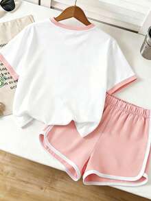 2pcs/Set Casual & Comfortable Cute Cool Girl Pattern Outfit For Tween GirlsFeaturing Cartoon K-POP Girl Design & K-POP Logo Print, Loose Fit Round Neck Short Sleeve T-Shirt Paired With Pink Shorts, Ideal For Summer Wear, Suitable For Leisure, Homewear And Outdoor Sports - White - View 3