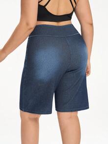 Flexra Plus Size Washed Denim Casual Shorts For Summer - Blue - View 2