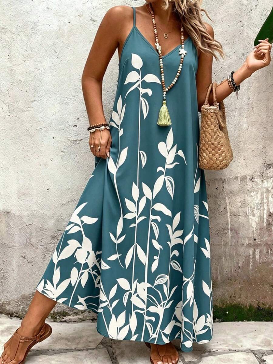 EMERY ROSE Plus Size Women's Deep V-Neck Spaghetti Strap Maxi Dress,Light Teal Botanical Print,Loose Fit,Boho,Summer,Beach,Holiday Vacation Daily Wear - Teal Blue - View 1