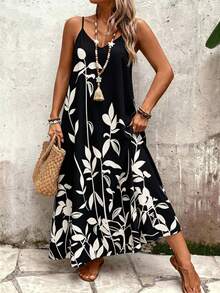 EMERY ROSE Plus Size Women's Deep V-Neck Spaghetti Strap Maxi Dress,Black And White Botanical Print,Summer Boho Elegant Beach Holiday Loose Fit Date - Black - View 7