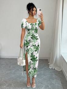 Vestido floral de cuello cuadrado, mangas de pétalo, cintura ceñida y ajustado para mujer, primavera/verano - Verde - Ver 7