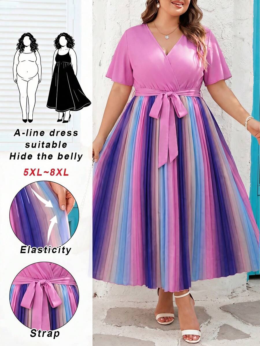 SHEIN CURVE+ Curve 尺码 US22 音乐节、海滨度假、波西米亚风女士彩虹褶皱V领灯笼袖系带背心毕业礼服婚礼宾客礼服女士学位模拟礼服女士沙滩裙女士假日太阳裙生日礼服女士骄傲节女士礼服优雅礼服女士休闲礼服女士生日礼服女士夏季礼服女士夏季礼服 - 彩色 - 查看 1