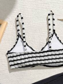 3pcs/Set Girls' Blue & White Knit Texture Striped Swimsuit Set, Summer Beach Holiday - Black - View 4