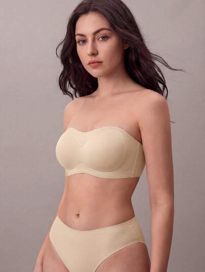Liftille Women's Casual Comfy Apricot Plain Strapless Bralette With Medium Stretch Fabric For Everyday Wear