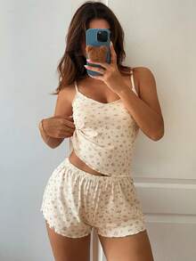 DAZY Women's Ditsy Floral Camisole And Shorts Pajama Set - Apricot - View 6