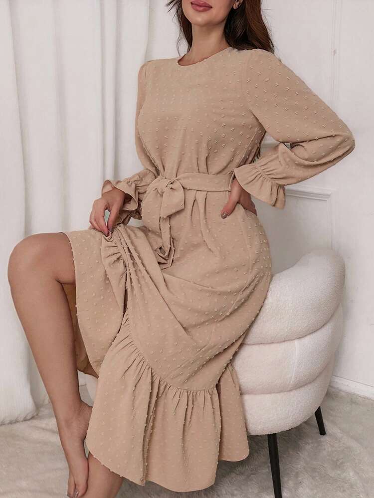 Polka Dot Textured Jacquard Waist-Cinched Long Nightgown For Women