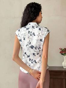 EastFlair Áo hai dây không tay in hoa thanh lịch dành cho nữ, thích hợp cho mùa hè. - Đen và trắng - Xem 2