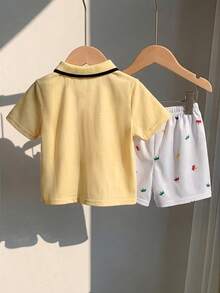 Baby Boy Cute Collegiate Style Casual Yellow Cartoon Bear Pattern Short Sleeve Polo Shirt And Elastic Waist Shorts Set - Yellow - View 2