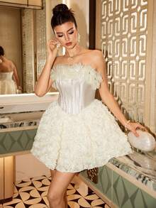 Poshira Đầm cocktail ngắn, thanh lịch, không dây vai với họa tiết hoa 3D, thích hợp cho các bữa tiệc sinh nhật, dạ hội, tiệc cocktail và tiệc tựu trường. - Màu be - Xem 6