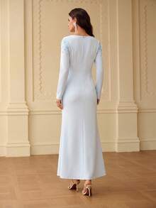ZEYLAH Off Shoulder Long Sleeve Beaded Fishtail Dress, Spring/Summer - Sky Blue - View 3