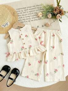 SHEIN LMoss Kids Baby Girl Floral Print Bow Decor Vest And Pants Set - Baby Pink - View 5