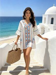 SHEIN Holidaya Vestido corto en V con patrón geométrico y estilo bohemio en beige - Beis - Ver 5