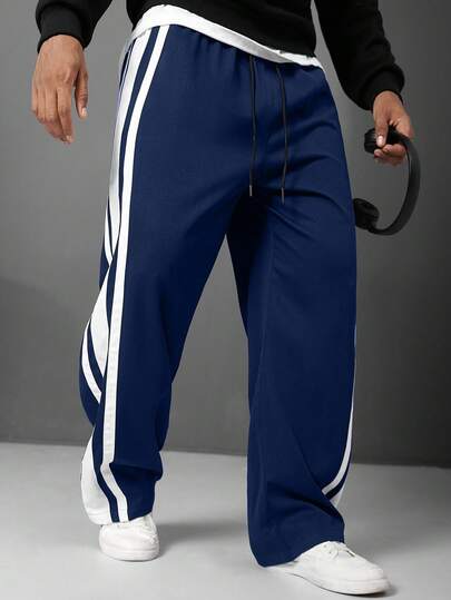 Manfinity Homme Plus Size Striped Drawstring Casual Loose Straight Pants, Versatile For Daily Wear