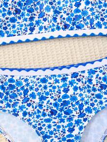 SHEIN Tween Girls Floral Printed Bikini Set,2 Pieces Swimwear,White Cute Summer Bathing Suits For Girls,Sweet Style For Pool Party Vacation Holiday - Blue and White - View 5