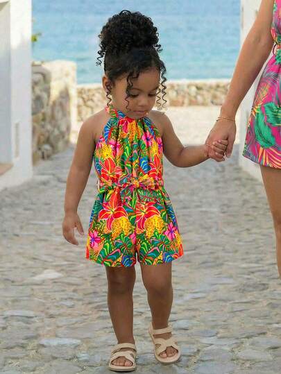 SHEIN Baby Girl Floral Print Halter Romper, Casual Vacation Outfit