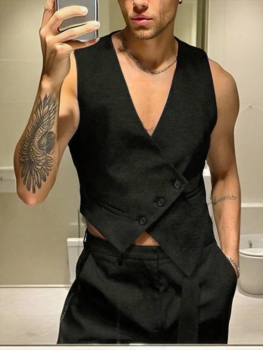 Manfinity Dauomo Camisa casual de oficina de verano con bolsillo con botones para hombre - Negro - Ver 1