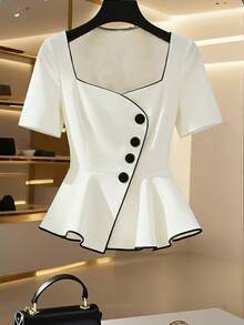 GlowEve Women's Casual Elegant Contrast Trim Front Button Sweetheart Collar Ruffle Hem Blouse, Summer - Black and White - View 3