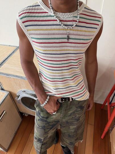 STEELVANCE Men's Fashion Hollow Striped Knit Tank Top, Lightweight Breathable Short Sleeve Sweater, Versatile Knit Top, Casual & Comfortable For Men In Summer Comfortable Breathable Lightweight Knit Top For Casual Wear, Suitable For Vacation And Valentine's Day