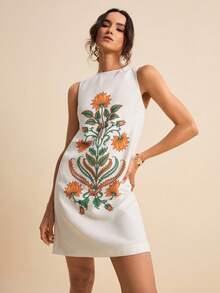 LOTSLUV Damklänning med rund halsringning, ärmlös, avslappnad, lös miniklänning med tryck, vår/sommar - Aprikos - Visa 4