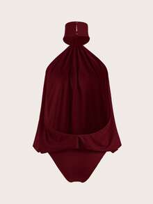 SHEIN ICON 女士高领露背多层连体衣 - 酒紅色 - 查看 6