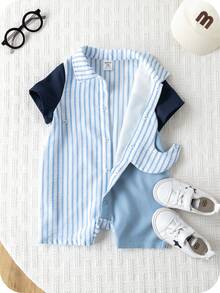 SHEIN Unisex Newborn Baby Boy/Girl Colorblock Blue Striped Cute Elephant Print Short Sleeve Romper,Spring/Summer Boy Clothes Outfit Stripes - Blue - View 6