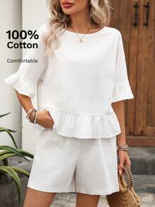 EMERY ROSE Conjunto de top y shorts de verano de unicolor elegante y casual con ribete de volantes para mujer - Blanco - Ver 9