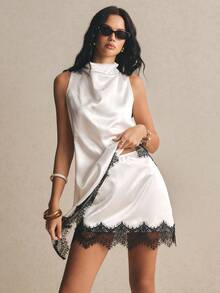 Poéselle Bộ đồ nữ gồm áo và chân váy ngắn phối ren, kiểu dáng thường ngày, gồm 2 món. - trắng - Xem 7