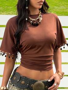 SHEIN EZwear 女士咖啡棕色袖口流苏硬币装饰修身短款针织T恤，适合休闲外出、度假和休闲场合。 - 咖啡棕 - 查看 4