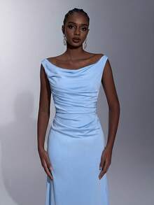 Elitara 优雅浪漫的法国南部贵族风格深V领褶裥紧身胸衣鱼尾裙摆女士婚纱、宴会礼服、晚礼服、长袍、宾客派对礼服 - 淺藍色 - 查看 3