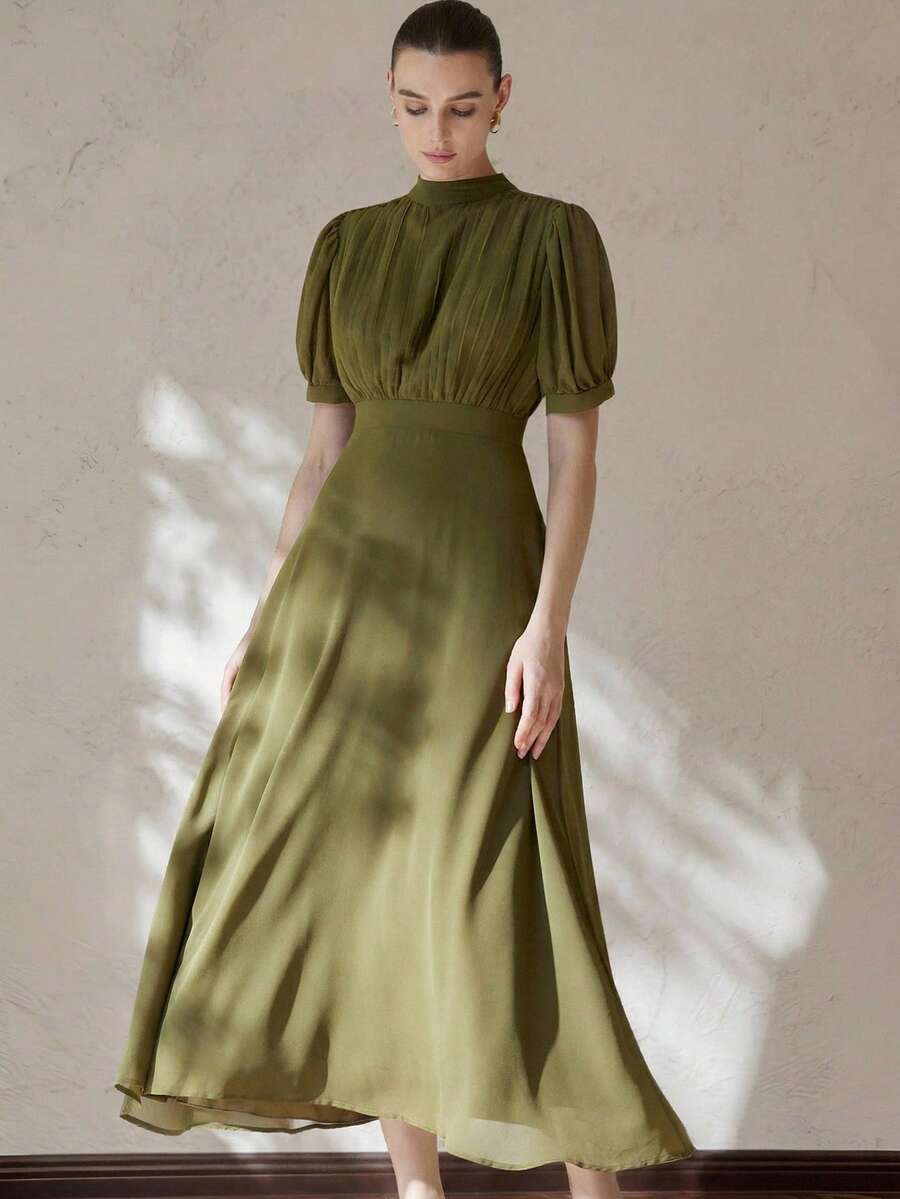 Aveloria Modichic Elegant Women's Chiffon Dress With Pleated Bust Design, Princess Sleeve, Waist Cinched, Flared Skirt, Minimalist & Versatile For Commuting, Knee-Length - Olive Green - View 1