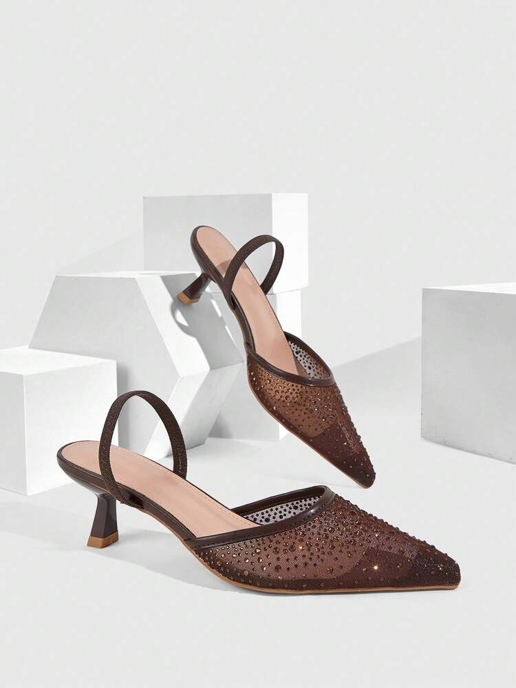 CUCCOO SZL Women Shoes Spring And Summer New Women's High Heel Shoes Mesh Rhinestone Breathable Pointed Square Heel Medium Heel French Elegance Commuter Dating Wedding Banquet Versatile Women's Shoes